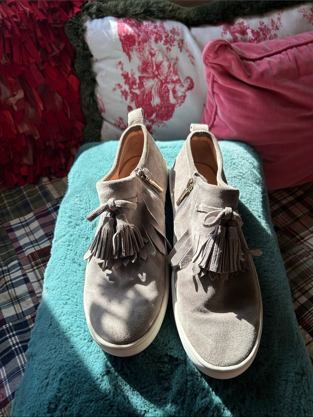 kate spade taupe suede tassel slip-on sneakers